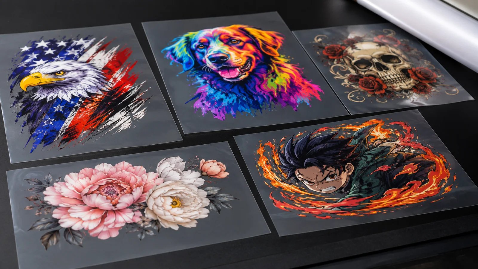 Colourful DTF transfer sheets prepared for production